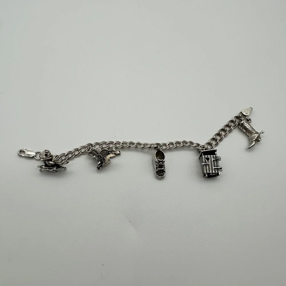 Kids Sterling Silver 925 Western Charm Bracelet Horses Boot Outhouse 22g Italy